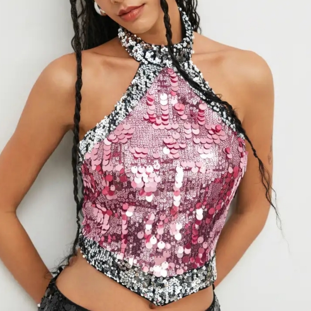 Cider Sequin Halter Neckline Contrasting Binding Crop Tank Top